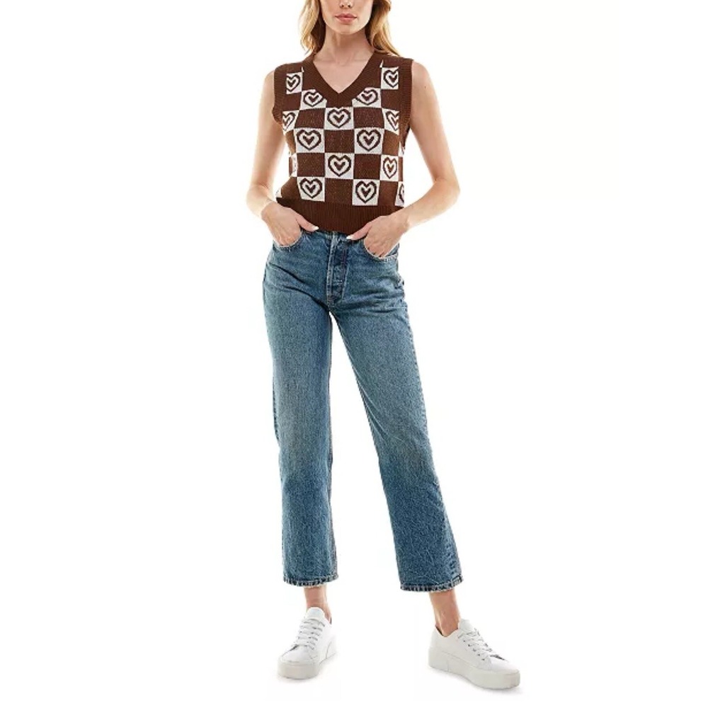 Y2K No Comment Women M Sweater Vest Junior Brown Checkered Heart Academia Preppy